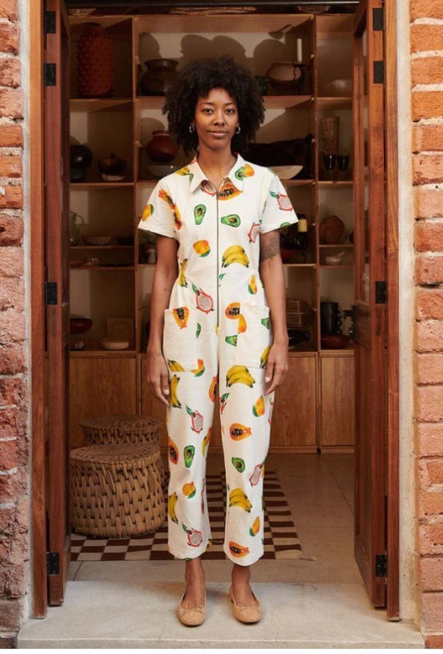 NOBLE Sz M Medium Fruit Frutas Print Short Sleeve Adult Jumpsuit Utility Suit